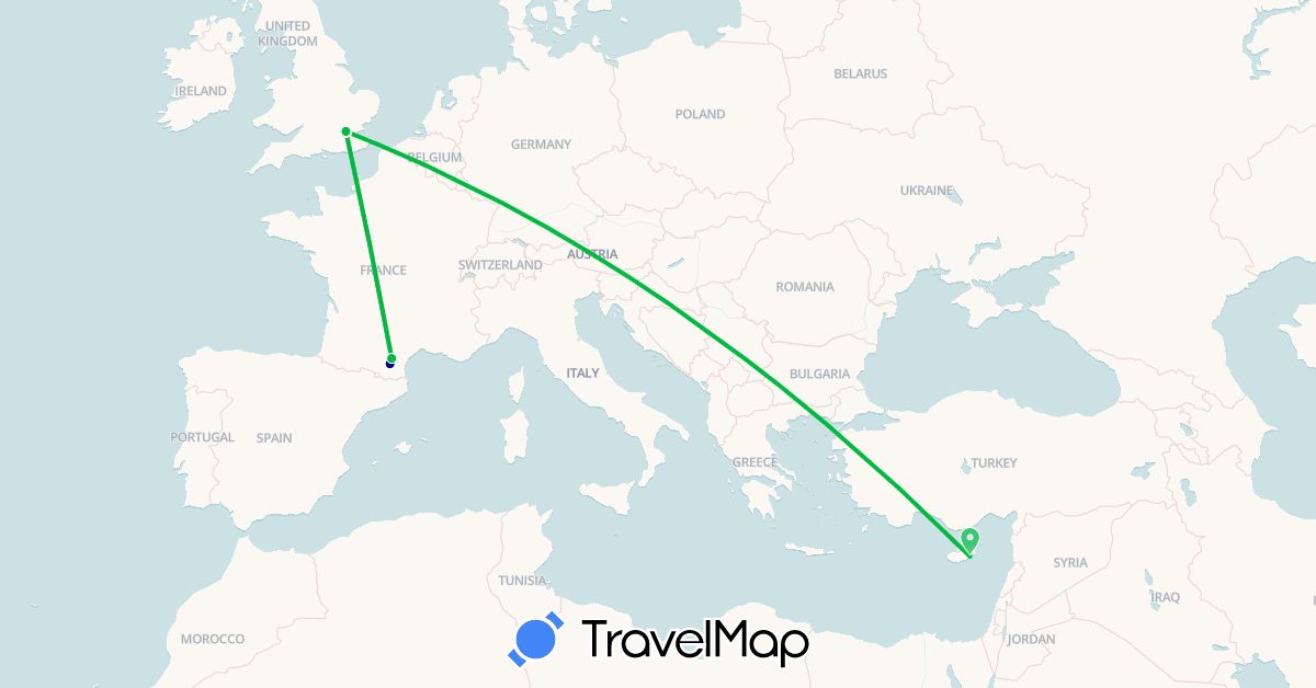 TravelMap itinerary: driving, bus, plane in Cyprus, France, United Kingdom (Asia, Europe)